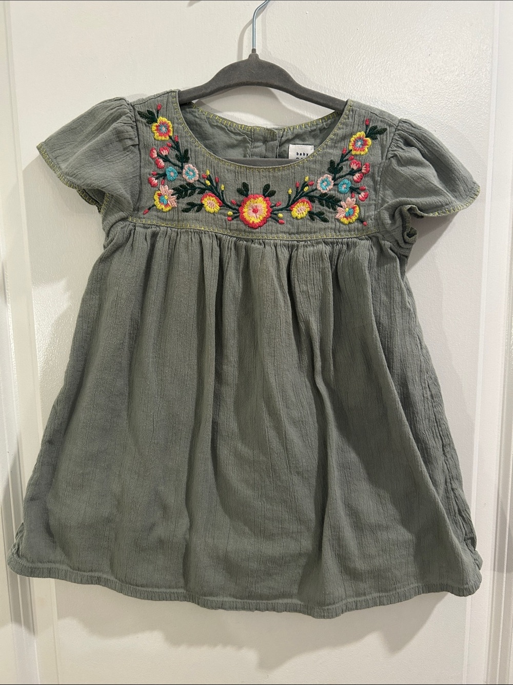 GAP Olive Green Embroidered Floral Cotton Dress